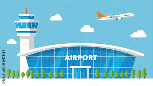 Cartoon airport terminal building with control tower and airplane in the sky