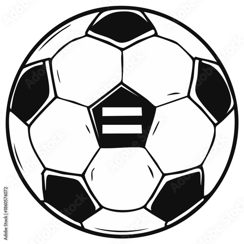 Soccer ball with equal sign symbol on pentagon panel, sport equality concept