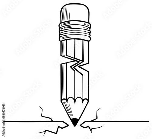 Cartoon pencil damaged during use drawing a cracked ground line showing damage and destruction with broken instrument