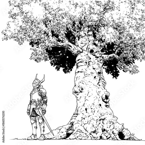 Knight Standing Beside Large Tree with Sword, Black and White Illustration