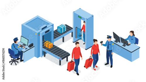 Airport security checkpoint with passengers officers and scanning technology illustrated