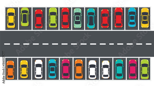 An overhead view of a colorful parking lot with numerous cars parked