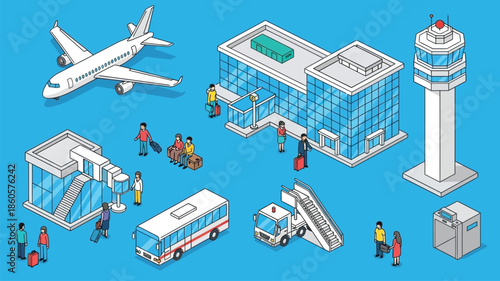 Isometric illustration of a busy airport scene with planes and people