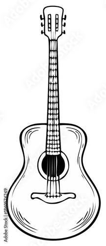 Acoustic guitar illustration in a detailed black and white drawing style.
