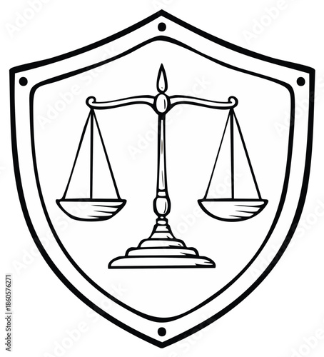 Black and white outline drawing of a shield with balance scales representing justice law and fairness