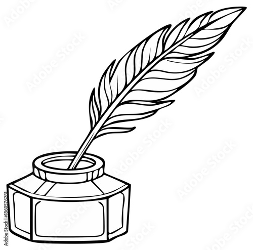Antique Inkwell and Feather Quill Writing Instrument Black and White Illustration