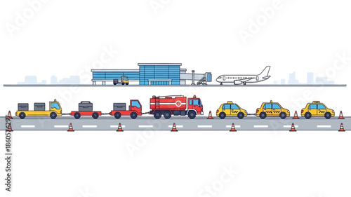 Airport road with various vehicles including taxis and a fire truck