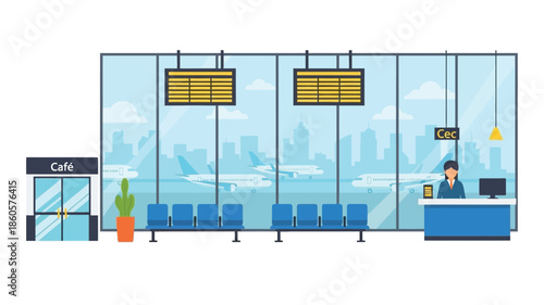 A brightly lit airport waiting area with a cafe and check in desk