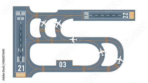 An illustrated airport runway shaped like the letter s with airplanes