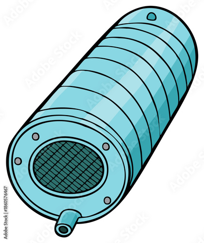 Cartoon Style Blue Water Filter Cartridge: System for Cleaning Drinkable Liquids