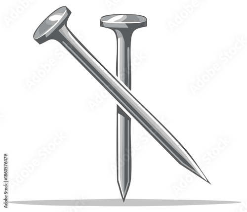 Metal nails illustration showing construction and fixing with shiny metallic texture on construction sites and for carpentry work