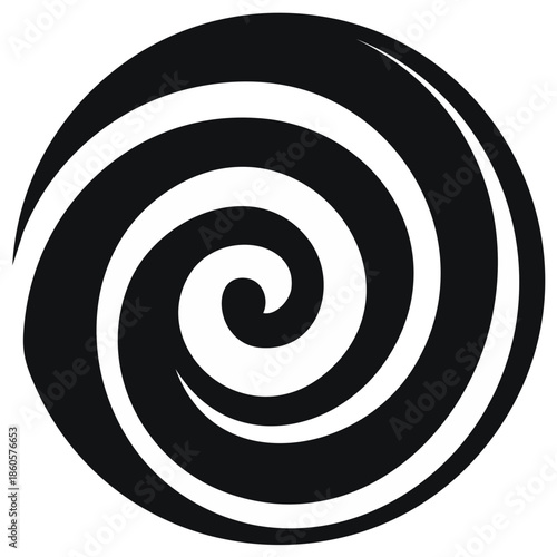 Swirling graphic element in black and white, representing a vortex or spiral shape within a circular design