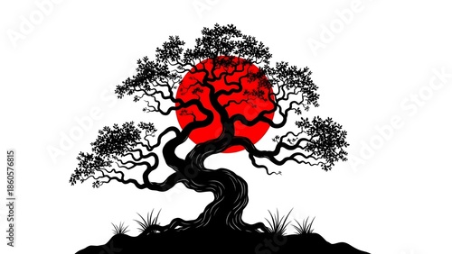 Bonsai tree silhouette with vibrant red sun background