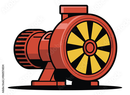 Red industrial pump with yellow fan detail, illustrating fluid dynamics and machinery.