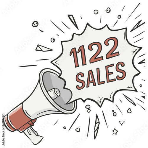 Cartoon megaphone with 1122 sales announcement, business promotion, advertising, commercial marketing