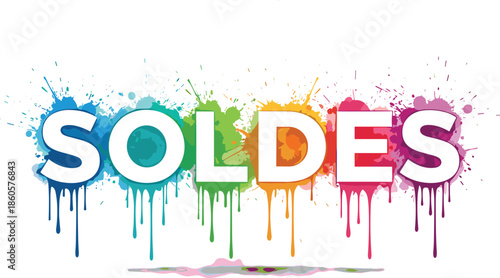 Colorful soldes sign with vibrant paint drips for French summer and winter retail sales seasonal clearance promotion and marketing background
