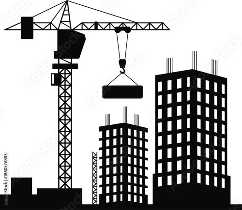 Construction site silhouette with crane lifting concrete block, building skyscrapers, urban development, architecture, industrial equipment, heavy machinery, building progress, city construction
