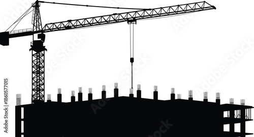 Construction site silhouette with tower crane, building under construction, industrial equipment, architecture project, urban development, construction progress, black and white