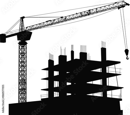 Construction site silhouette with tower crane, building under construction, heavy equipment, steel structure, urban development, industrial design, engineering project