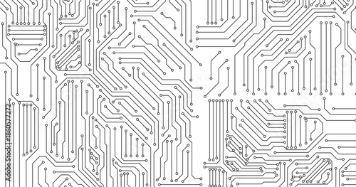 Abstract circuit board technology connected blue lines with electronics elements