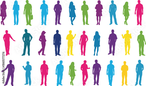 Diverse crowd of colorful people silhouettes standing in rows representing multicultural community cooperation social inclusion human resources and global professional networking