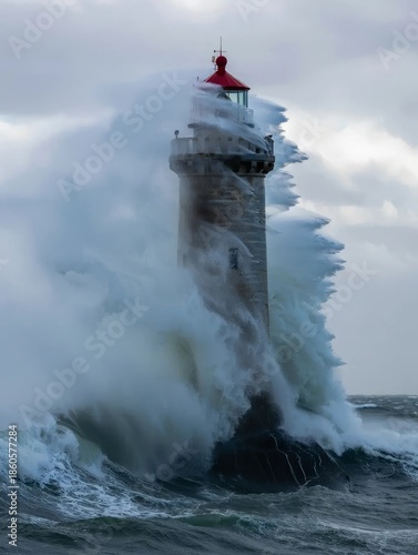 Extreme ocean storm hits a coastal lighthouse with massive waves. Concept of climate risk, natural disaster and coastal danger.