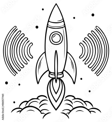 Stylized Rocket Launch with Communication Waves and Cosmic Stars