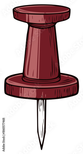 Illustration of a Burgundy-Colored Push Pin with White Background and Black Border