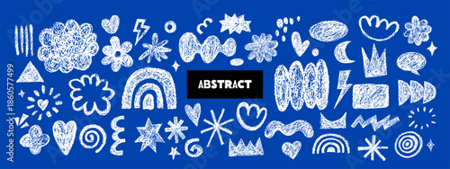 Abstract crayon doodle grunge bold shapes, scribble set. Modern childish hand drawn naive emphasis elements. Vector isolated notebook illustration. Geometric pattern