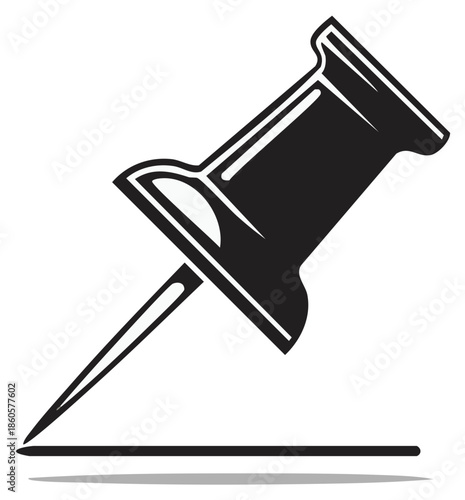 Black and white vector illustration of a pushpin piercing a horizontal line