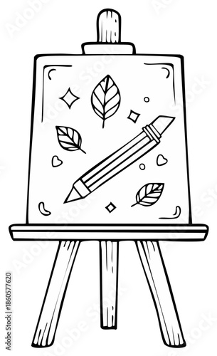 Artistic Easel with Pencil Drawing of Leaves and Stars Creative Hobby