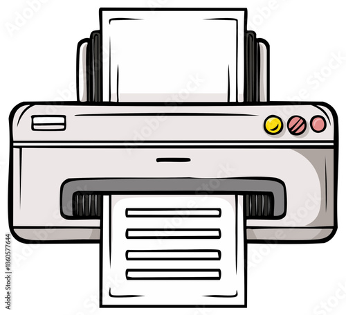 Cartoon illustration of an office printer printing a document.
