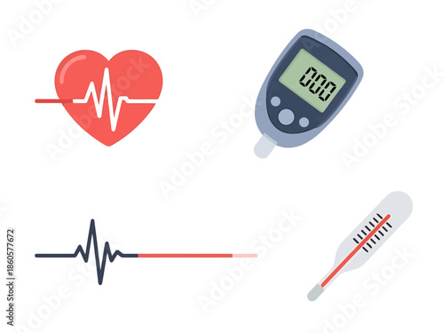 Medical Health Monitoring Icons Heartbeat Blood Glucose Meter EKG Line Thermometer