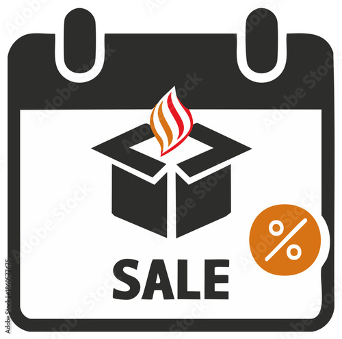 Calendar with open box icon featuring flame and SALE text for special discount promotion event