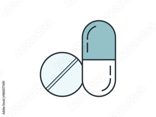 Two Medicine Capsules and Pill Icons Representing Healthcare and Pharmaceutical Industry