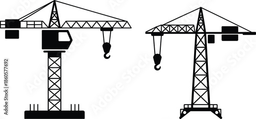 Construction Tower Cranes Silhouette Vector, Industrial Equipment Icons for Building Sites, Heavy Lifting Machinery, Architecture, Engineering, and Construction Design Projects