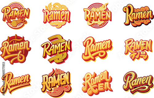 Ramen Logo Collection with Japanese Noodle Bowl Illustrations, Asian Street Food Branding Design, Fast Food Ramen Labels, Vintage and Modern Ramen Restaurant Logos for Menu, Packaging,  Food 