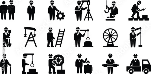Construction worker icons, engineer silhouettes, safety helmet people, industrial workers, construction site staff, laborer vector set, building industry, worker equipment symbols.