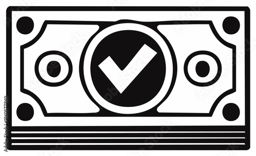 Stylized banknote with a prominent checkmark symbol signifying approval and financial success