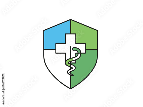 Shield Emblem with Medical Cross and Caduceus Symbol Healthcare Protection Concept