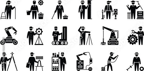 Construction worker icons, engineer silhouette symbols, industrial laborers, safety helmet figures, construction tools, robotic arm, measuring equipment, engineering staff, technical workers vector.