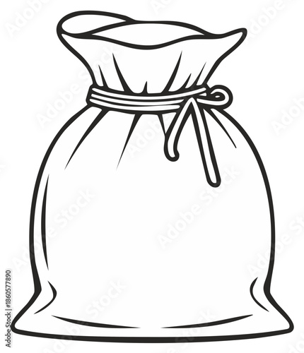 Outline illustration of a full, tied sack with folds and a simple design ideal for games or educational material