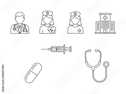 Healthcare Icons Set Doctor Nurses Hospital Syringe Stethoscope Capsule