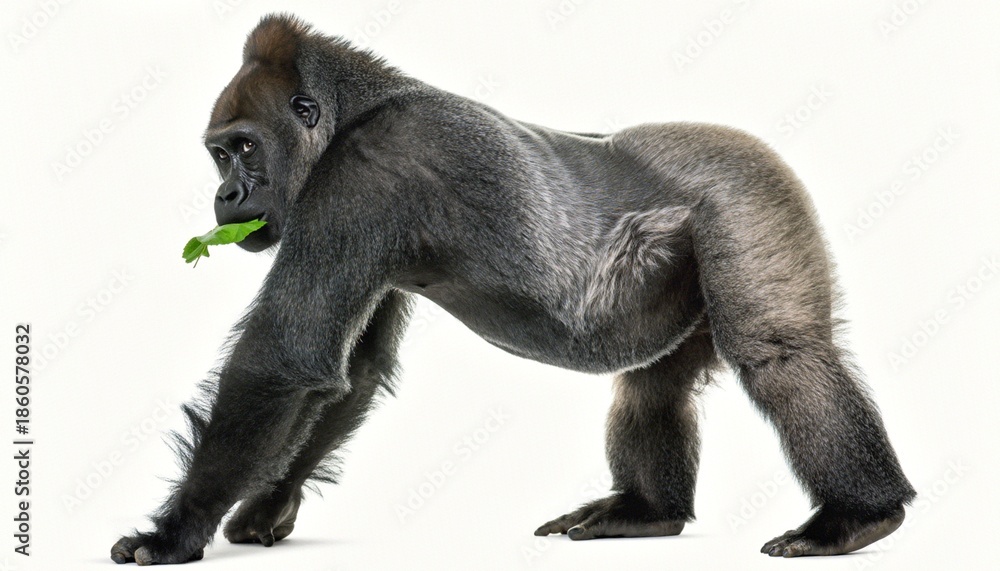 Fototapeta premium Magnificent Gorilla Eating Leaf on White Background