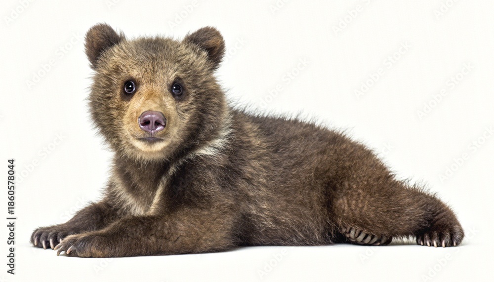 Fototapeta premium Adorable Brown Bear Cub Resting on White Background