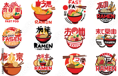 Ramen Logo Collection with Japanese Noodle Bowl Illustrations, Asian Street Food Branding Design, Fast Food Ramen Labels, Vintage and Modern Ramen Restaurant Logos for Menu, Packaging,  Food 