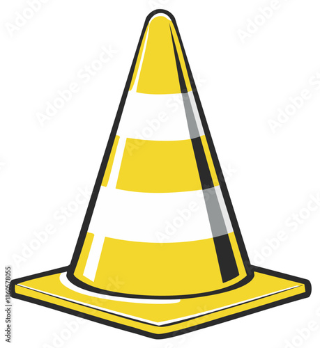 Yellow and White Striped Traffic Cone Vector Illustration, Safety Warning and Road Construction Equipment Icon