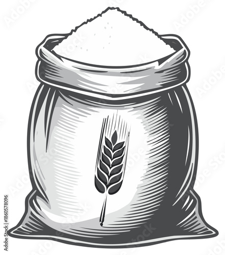 Grain bag with overflowing flour and wheat illustration