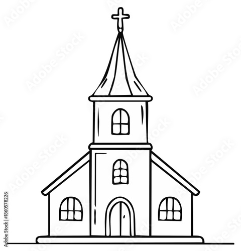 Stylized church building sketch with cross on steeple, vector illustration, line art religion architecture, simple house of worship drawing, graphic design element