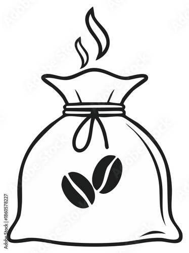Freshly Roasted Coffee Bag Icon with Steam and Beans